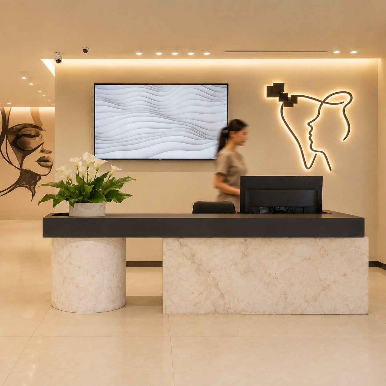 Hera Clinic reception in Tirana with a marble desk, illuminated wall emblem and warm lighting